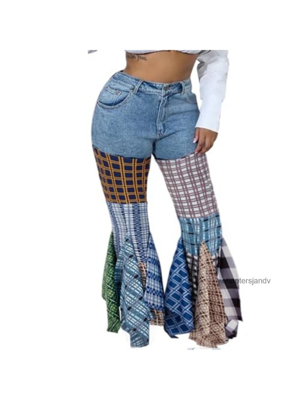 High Waist Plaid Patchwork Flare Jeans Ruffle Hem Stretch Denim